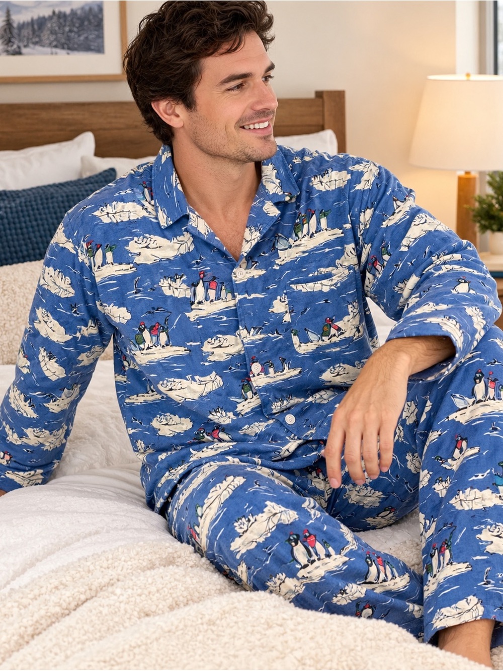 Lands’ End Men’s XL Flannel Pajama Set Blue Penguin Print 100% Cotton